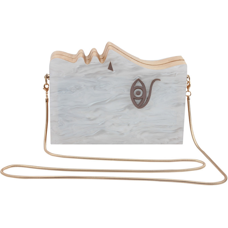 Spring and Summer 2019 New Hand-stitched Acrylic Wood Bag Half Face Personality Mini Hand Chain Dinner Bag