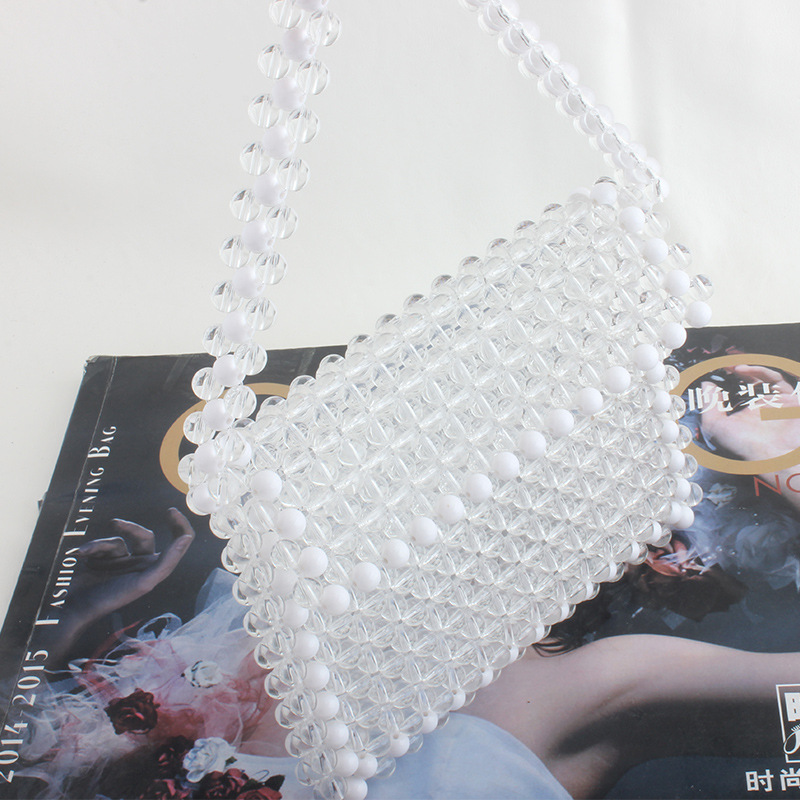 Spring and Summer 2019 New Single Shoulder Lady's Handbag Hand-made Beaded Crystal Pearl Lady's Bag Fashion Knitting Bag