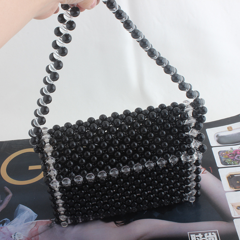 Spring and Summer 2019 New Single Shoulder Lady's Handbag Hand-made Beaded Crystal Pearl Lady's Bag Fashion Knitting Bag