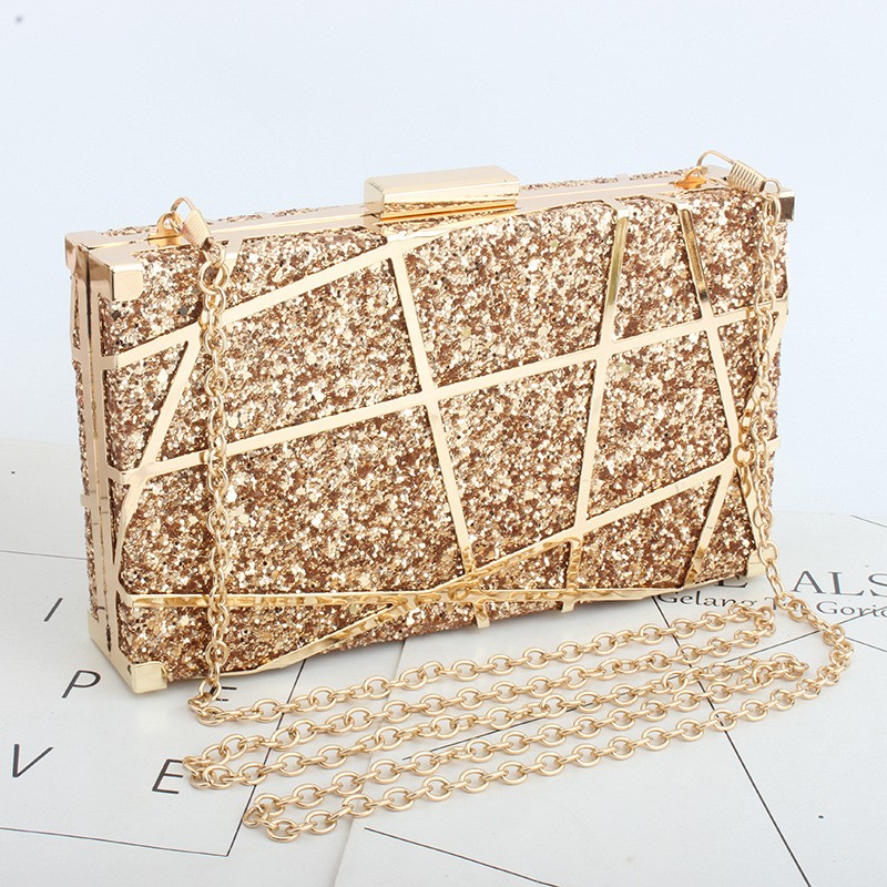 New Type Metal Hollow Chain Dinner Pack Euro-American Banquet Dress Handbag Flash Powder Small Square Baonv