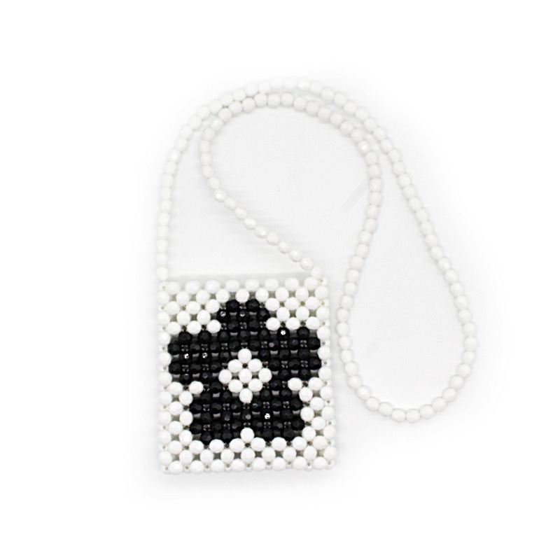 Small black-and-white flower pattern hand beaded bag with long shoulder and sloping one shoulder pocket purse