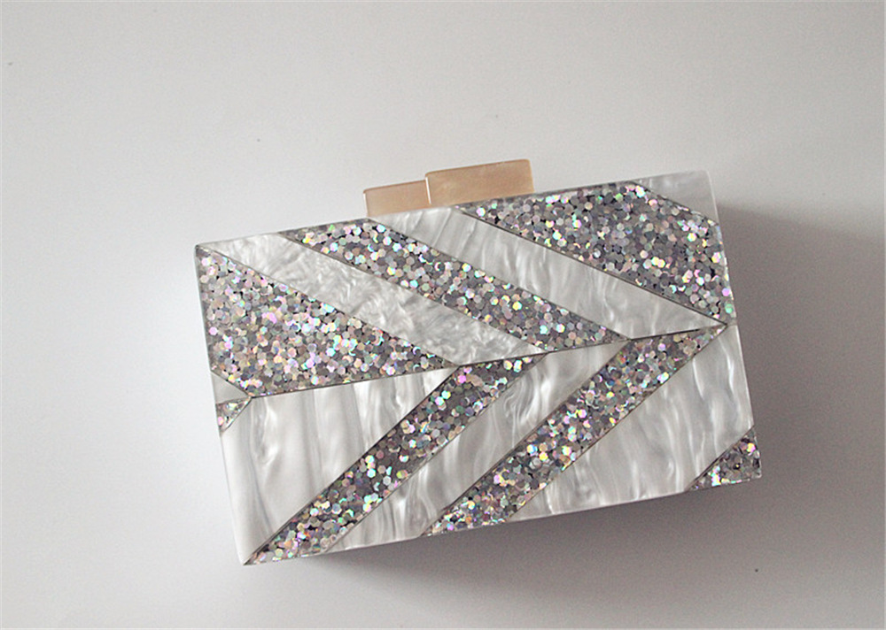 New Striped Silver Sequins Acrylic Evening Clutch Bag