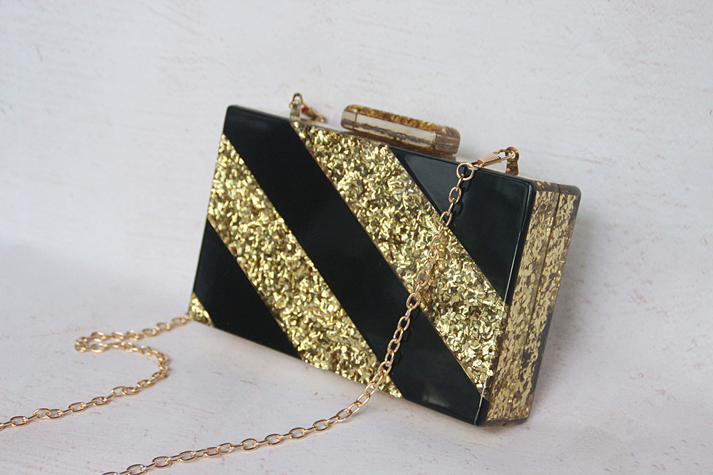 New Golden Sequins Splice Acrylic Clutch Evening Ladies Bag